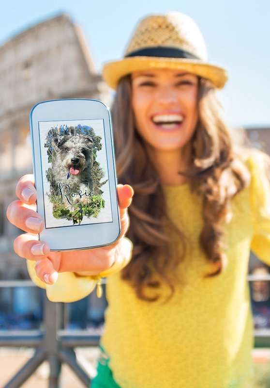 Photo of a woman showing off her free pet art wallpaper on her phonje